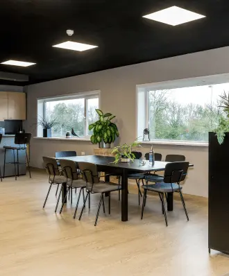 Lunchtafel met stoelen en planten bij de ramen van het kantoor in Wormerveer