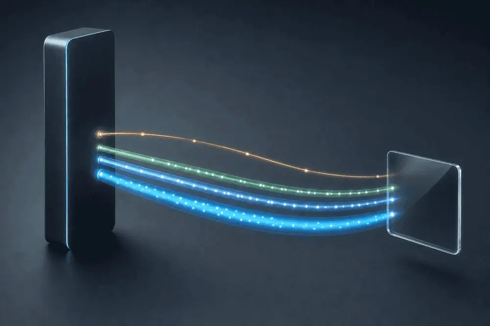 Abstracte illustratie: een donkere monoliet als bronsysteem voedt via drie lichtgevende kanalen een kleinere glazen module, met één smaller kanaal dat terugloopt.