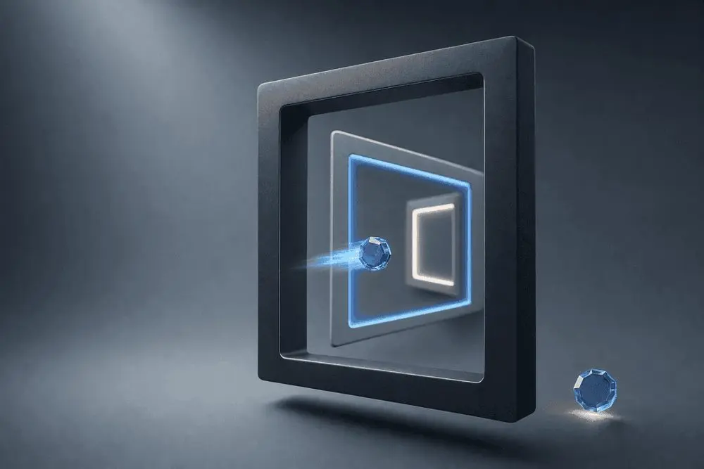 Abstracte illustratie: geneste lijsten vormen een doorgang waardoor een blauw glazen element naar voren reist, als beeld voor een punchoutsessie vanuit een ander systeem.
